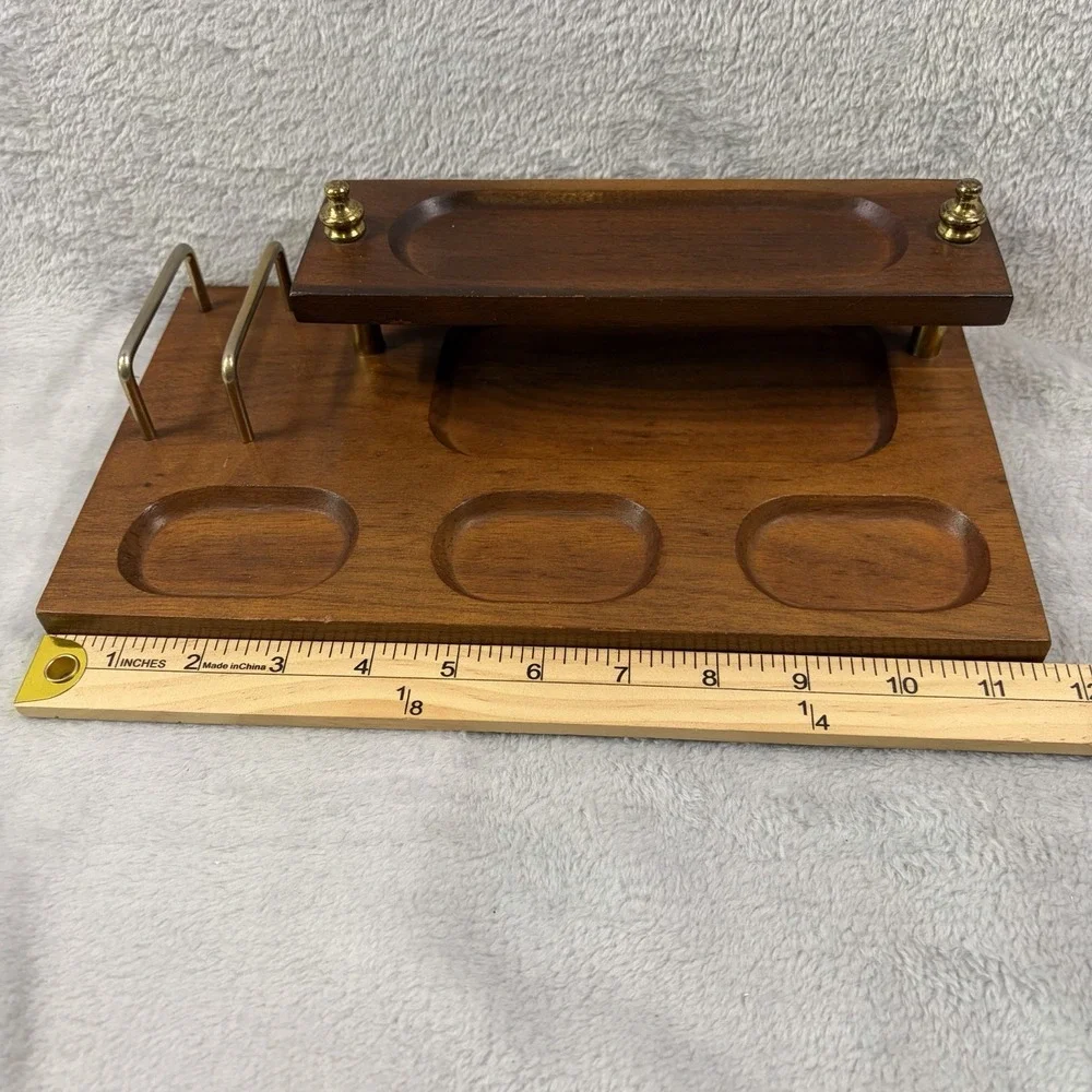 Vintage Two Tier Wood Dresser Valet Brass Legs Coin Tray Watch Holder Caddy